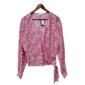 NWT GAP‎ Womens Red Pink Floral Paisley Linen Blend Wrap Top Long Sleeve XL